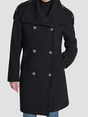 DKNY Black Double-Breasted Wool Blend Peacoat